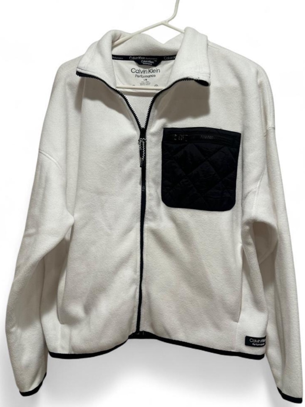 Calvin Klein White Fleece Jacket with Black Quilted Chest Pocket